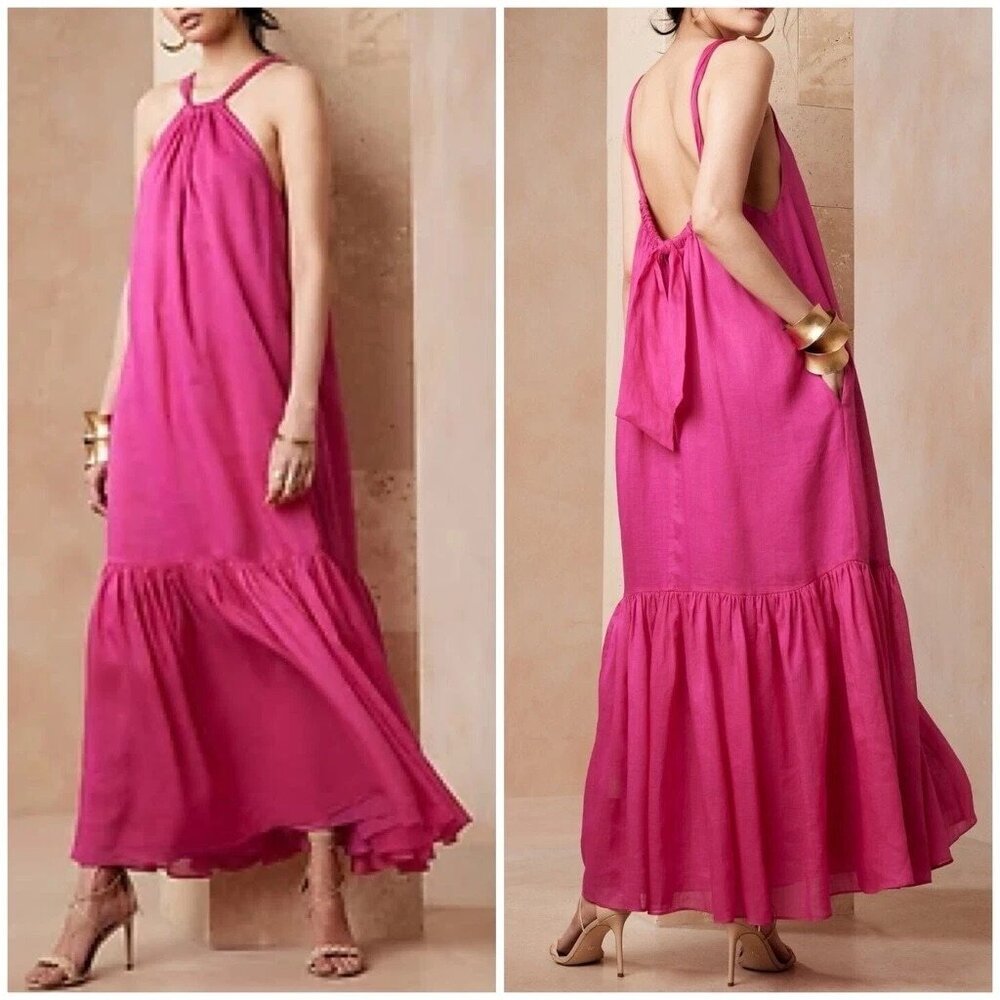 Banana Republic Ramie Maxi Dress Dark Magenta Pink Size Medium M
